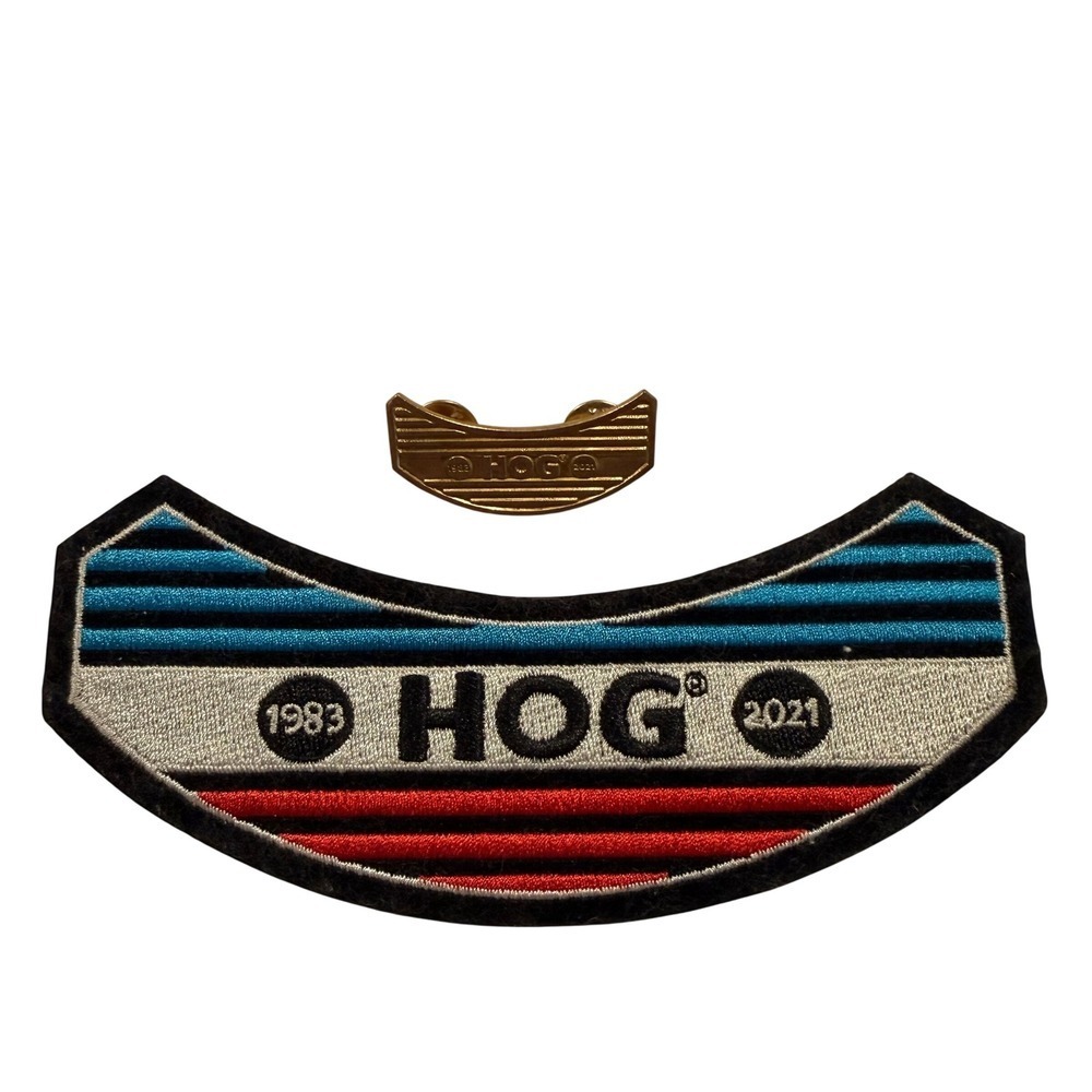 Harley Davidson HOG 1983-2021 Anniversary Rocker Patch and Metal Pin Set